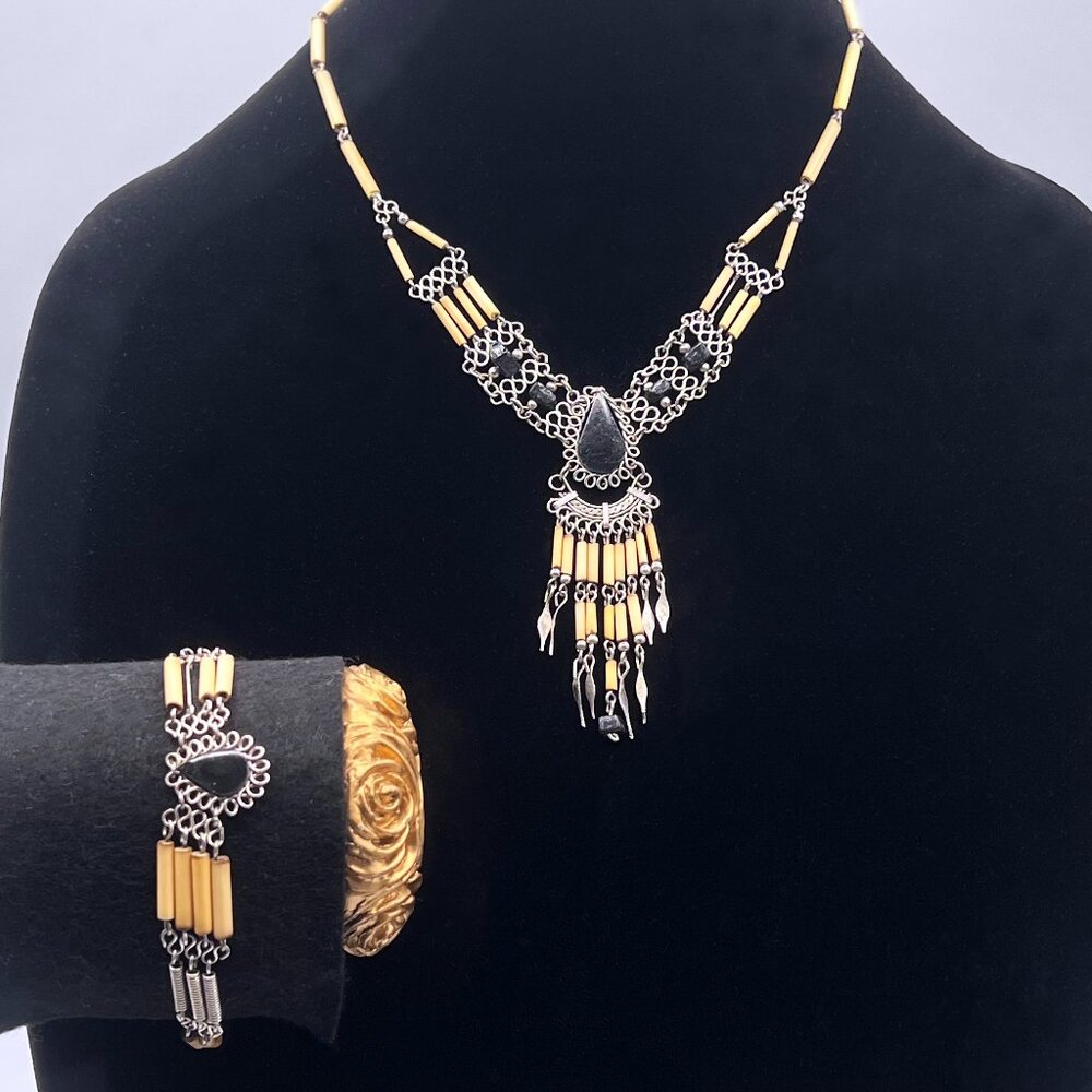 Vintage Peruvian Black Onyx Stone and Bamboo Waterfall Jewelry Set - S1204